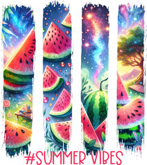 Brush strokes shape Playful “#Summer Vibes” sublimation design with juicy watermelon slices and dreamy skies—perfect for t-shirts, tumblers, and fruity seasonal crafts.
