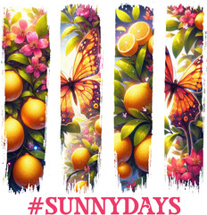 Brush strokes shape Bright “#SunnyDays” sublimation design with oranges, blossoms, and butterflies—perfect for t-shirts, mugs, and cheerful summer craft projects.