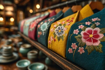 Embroidered Floral Pillows Displayed on Wooden Shelf with Ceramic Items