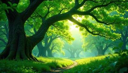 Fototapeta premium Pendulous branches arching over, lush green canopy, weeping, leaves, color
