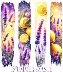 Brush strokes shape Bright summer bookmarks with lemons and lavender—ideal for seasonal reading, journaling, gifting, and uplifting printable craft designs.