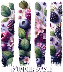 Brush strokes shape Stylish “Summer Taste” sublimation design with berries and florals—perfect for t-shirts, tumblers, tote bags, and fruity seasonal gift projects.