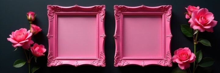 Pair of rosy pink picture frames on solid black background, ready for your image , minimal, interior