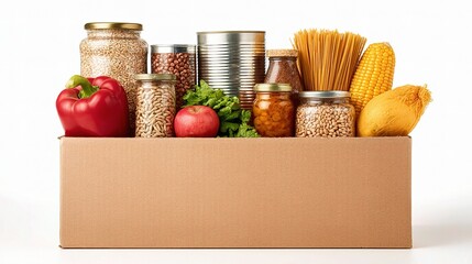 Cardboard Box Filled with Canned Goods and Non-Perishable Items