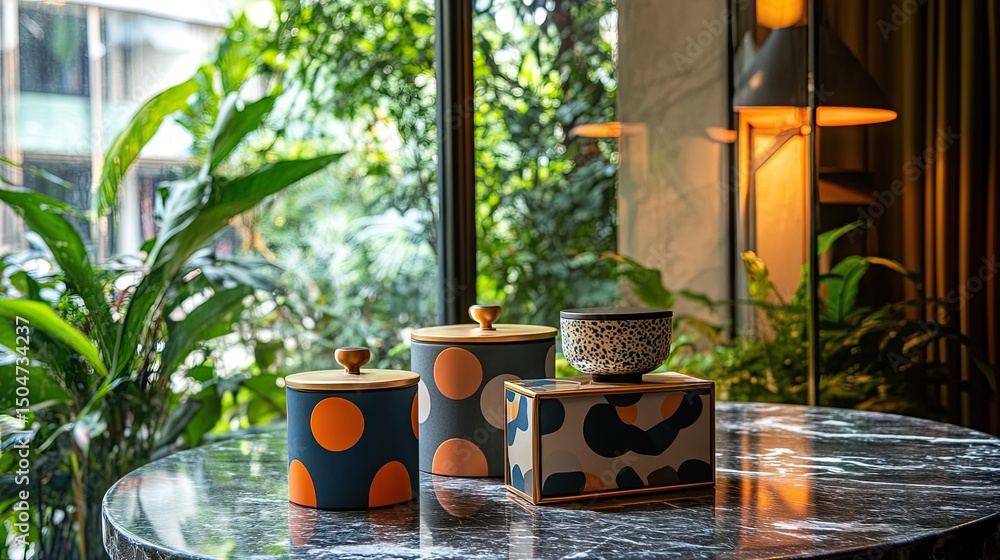 Poster Decorative containers with geometric patterns on a marble table.