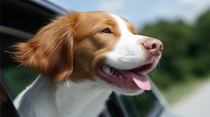 A happy dog with its head out of a car window enjoys the breeze. This joyful scene captures the spirit of adventure and the bond between pets and their owners. 