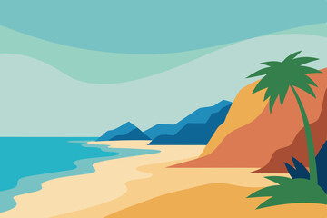 Obraz premium Tropical summer island paradise with palm trees, a sandy beach, and ocean waves under a sunny sky