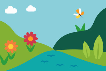 Obraz premium Blooming spring and summer meadow landscape with green grass, flowers, sun, and clouds