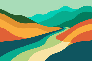 Wavy rainbow light pattern on a summer beach with colorful sky and blue ocean waves, a vibrant nature art illustration