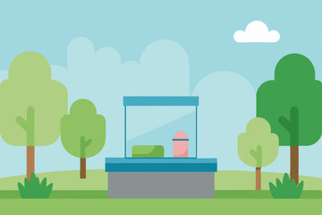 Cartoon eco city landscape with green trees and buildings under a sunny sky