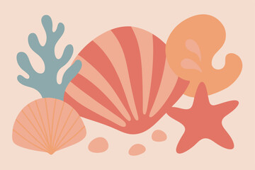 Sea shells pattern illustration of a heart with an abstract background