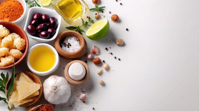 Assorted Ingredients for Culinary Creations on a Light Background
