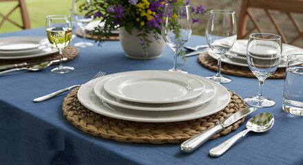  Outdoor Table Setting with Blue Tablecloth, White Plates, Silver Cutlery, and Fresh Flowers Ready for a Summer Meal