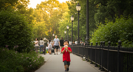 Joyful Summer Day: Happy Child Enjoying Ice Cream in a Lush Green Park at Sunset