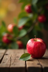 Rustic wooden table, blurred red apples background, red, tabletop