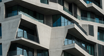 Modern Geometric Architecture: Contemporary Concrete Apartment Building with Sharp Lines, Glass Balconies, and Angular Facade Design