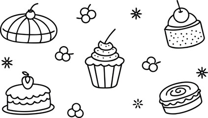 Delicious Cherry Cupcakes and Cakes A Sweet Collection of Line Art Desserts