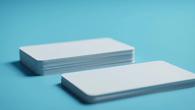 Stack of Blank White Business Cards on Light Blue Background for Decoration Mockup Clean Presentation Concept