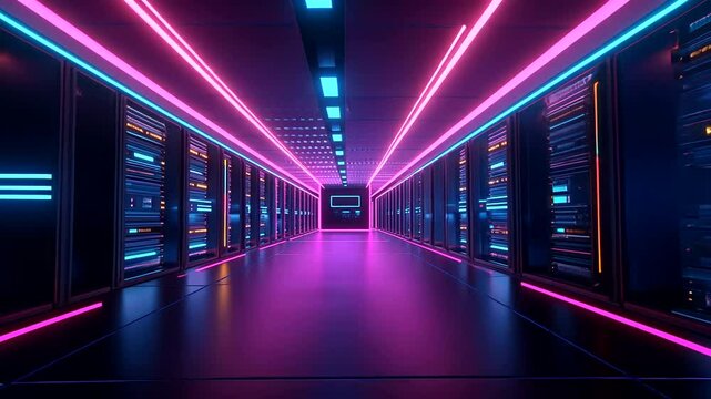 Futuristic server room hallway is lit with vibrant pink, blue, and yellow neon lights, creating a neon grid of color and light