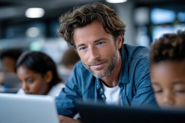 A dedicated instructor assists students in a classroom setting, guiding them as they engage with laptops and technology, fostering learning and collaboration.