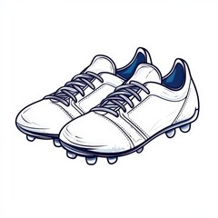 A pair of white soccer cleats with blue interior, featuring laces and studs, illustrated on a white background.