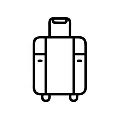 A simple graphic of a suitcase with a handle and wheels for travel and transportation needs shown