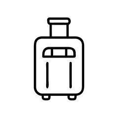 Simple line drawing of a suitcase with handle and wheels ready to be used for traveling needs