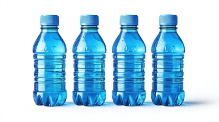 Naklejka premium Four blue sports drink bottles placed side by side, isolated against a white background, highlighting their vibrant color and health benefits