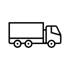 A simple graphic showing a delivery vehicle with a boxy trailer and three wheels on one side view 100char