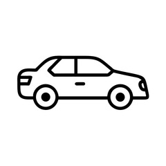 Side view of a black outlined sedan automobile with simple design on a white isolated background image
