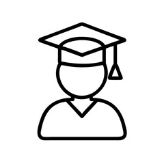 A simple graphic showing a graduate with cap and gown in black outline style isolated on white background