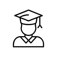 A simple depiction of a graduate wearing a cap and gown in a minimalist line drawing style format