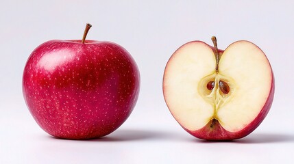 Whole Red Apple with Cross Section Displaying Core on White Background