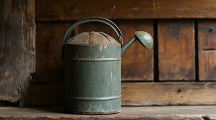 Naklejka premium Rustic Vintage Green Metal Watering Can on Wooden Background