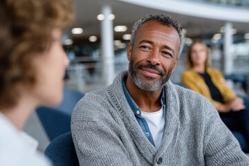 Obraz premium A smiling middle-aged man engages attentively in conversation with a colleague, illustrating warmth and connection in a professional setting.