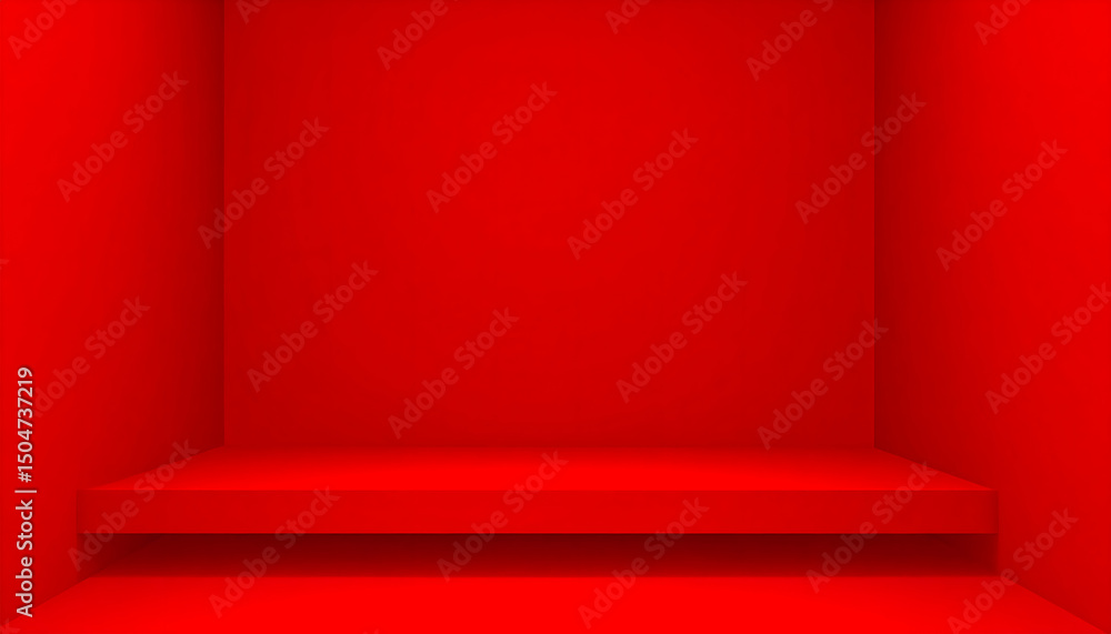 Poster 3d render mockup podium stand table shelf. red abstract background. palm tree lea