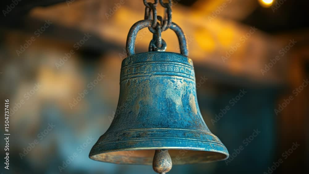 Poster a bell hangs from the side of a building