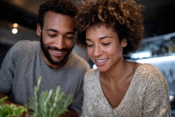 A joyful couple shares a moment in the kitchen, preparing food and enjoying each other's company amidst fresh ingredients and vibrant surroundings, showcasing love and teamwork.