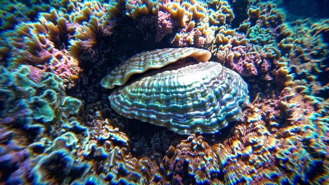 Underwater close-up of vibrant coral and clam, captured from a top-down angle, showcasing vivid colors and textures, ideal for a nature video.