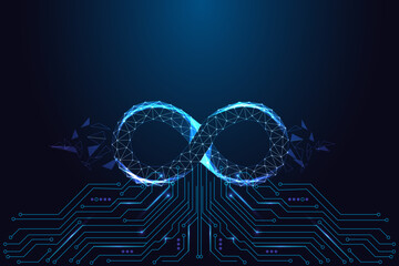 DevOps and continuous integration concept with glowing polygonal infinity symbol loop