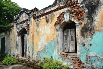 Ruined, aged, crumbling building exterior