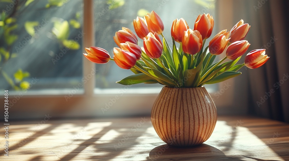 Poster elegant tulips in a vase basking in soft light near a bright window create a serene scene