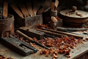 Crafting scene showcasing woodworking tools, shavings, and aged metal containers