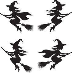 Silhouettes of Flying Witches with Different Broom Poses