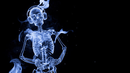 Smoke skeleton with DJ headphones listening to music and dancing.