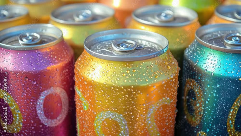 Poster a close-up view of several cans of soda stacked together
