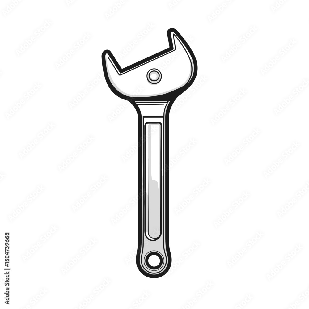 Poster wrench icon design showcasing a line drawing of a mechanical tool isolated on a white background