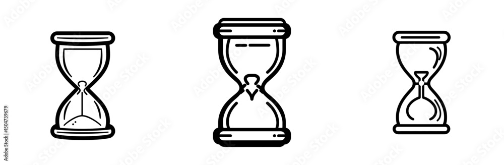 Poster hourglass icons in line art style representing time passing and countdown activities in a minimalist