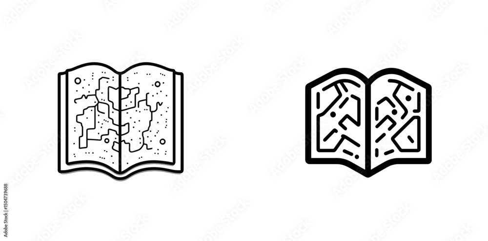 Poster map icon designs featuring line art representation of a landscape and a maze in an isolated view