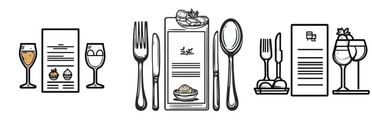 Elegant dining setup featuring gourmet menu options and beverage selection showcased in a minimalist line design